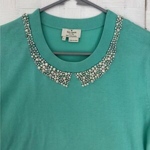 Kate Spade Short Sleeve Sweater with Pearl Accents mint green/light aqua
